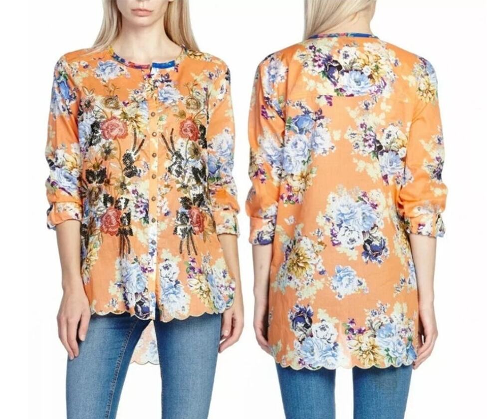 Aratta Silent Journey Claudine Agnes Shirt sz S Floral Roll Tab Sleeves Boho New